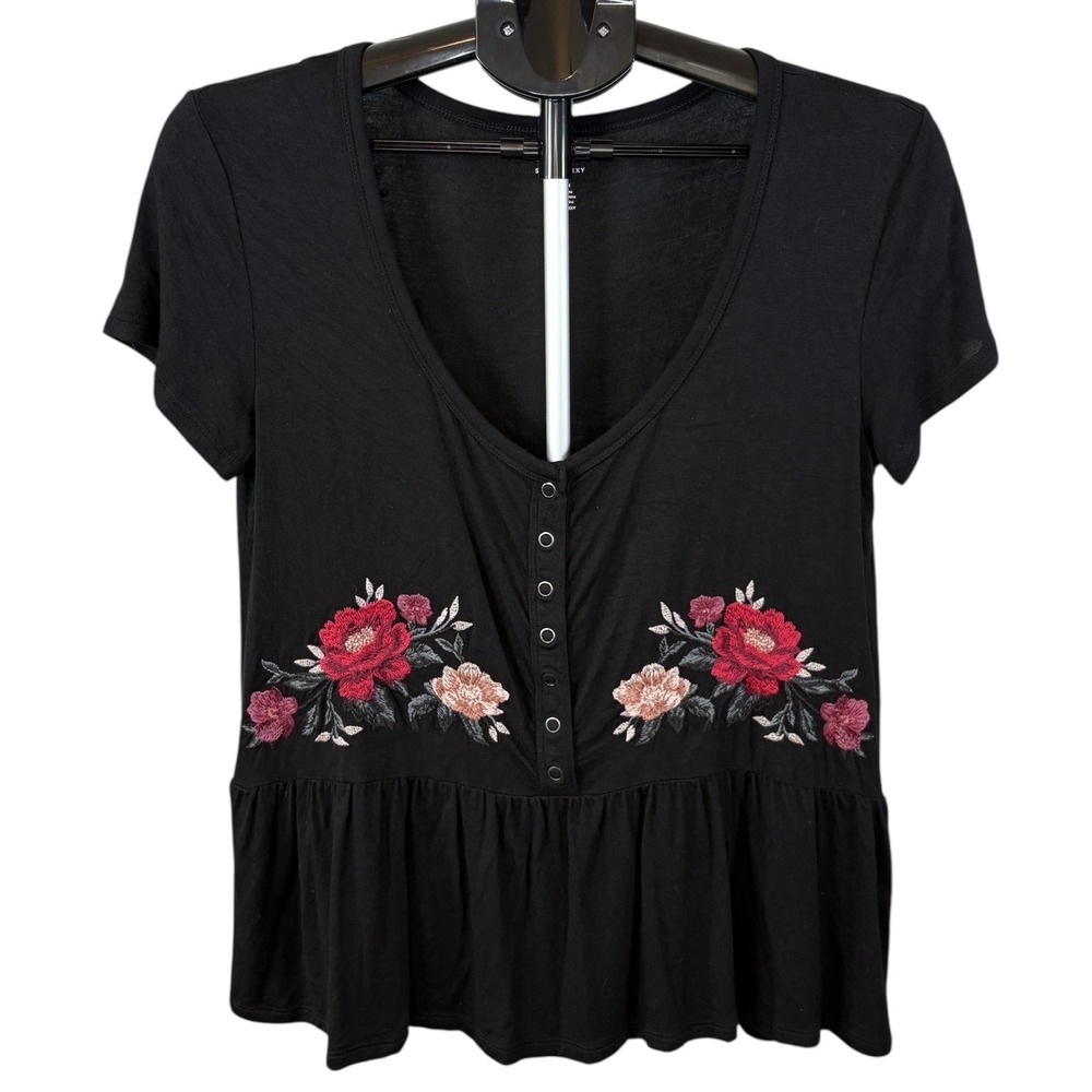 American Eagle Soft‎ & Sexy Black Floral Embroidered Peplum Henley Top Small S